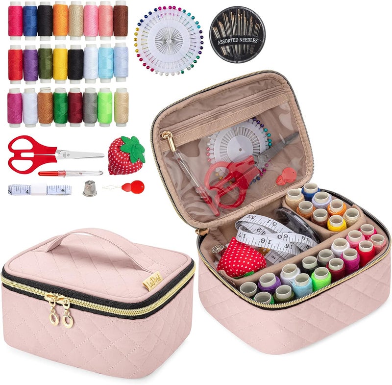 LoDrid Sewing Kit, Portable Flannel Bag with Complete Sewing Supplies for Travel, Sewing Repair Tool for Adult & Beginner, 24 Color Threads, 30 Needles & Sewing Accessories, Dusty Rose - Image 1